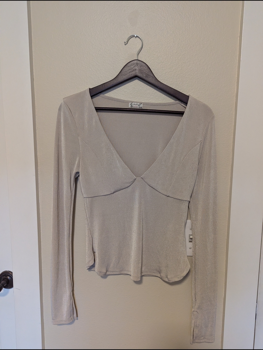Women's Small Free People Long Sleeve V-Neck Shimmery Top in Light Taupe